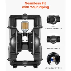 VEVOR Air Operated Double Diaphragm Pump, 158 GPM, 2 inch Inlet & Outlet Pneumatic Waste Oil Transfer Pump, Max 114 PSI, Aluminum Alloy Body, Air-Operated for Diesel, Grease, Kerosene, Gasoline & Oil