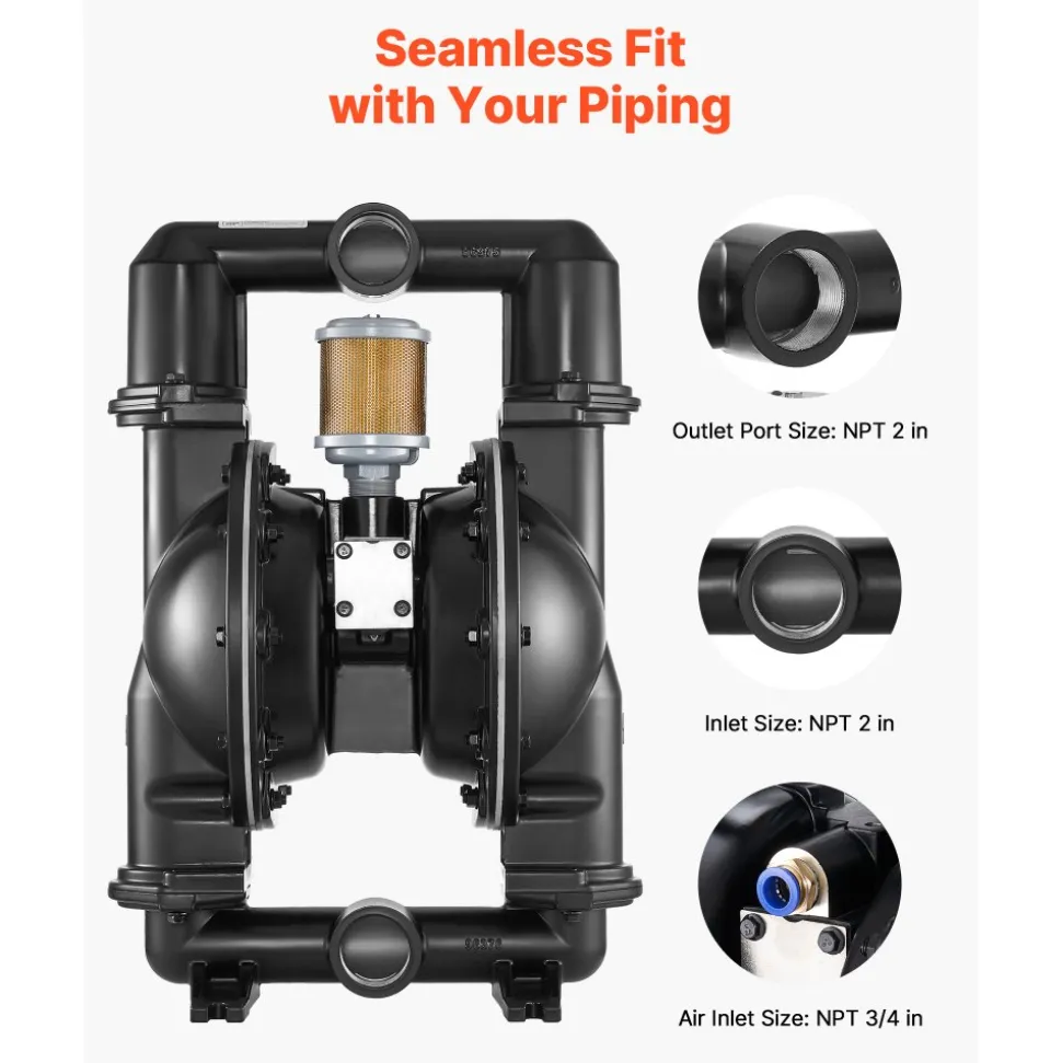VEVOR Air Operated Double Diaphragm Pump, 158 GPM, 2 inch Inlet & Outlet Pneumatic Waste Oil Transfer Pump, Max 114 PSI, Aluminum Alloy Body, Air-Operated for Diesel, Grease, Kerosene, Gasoline & Oil