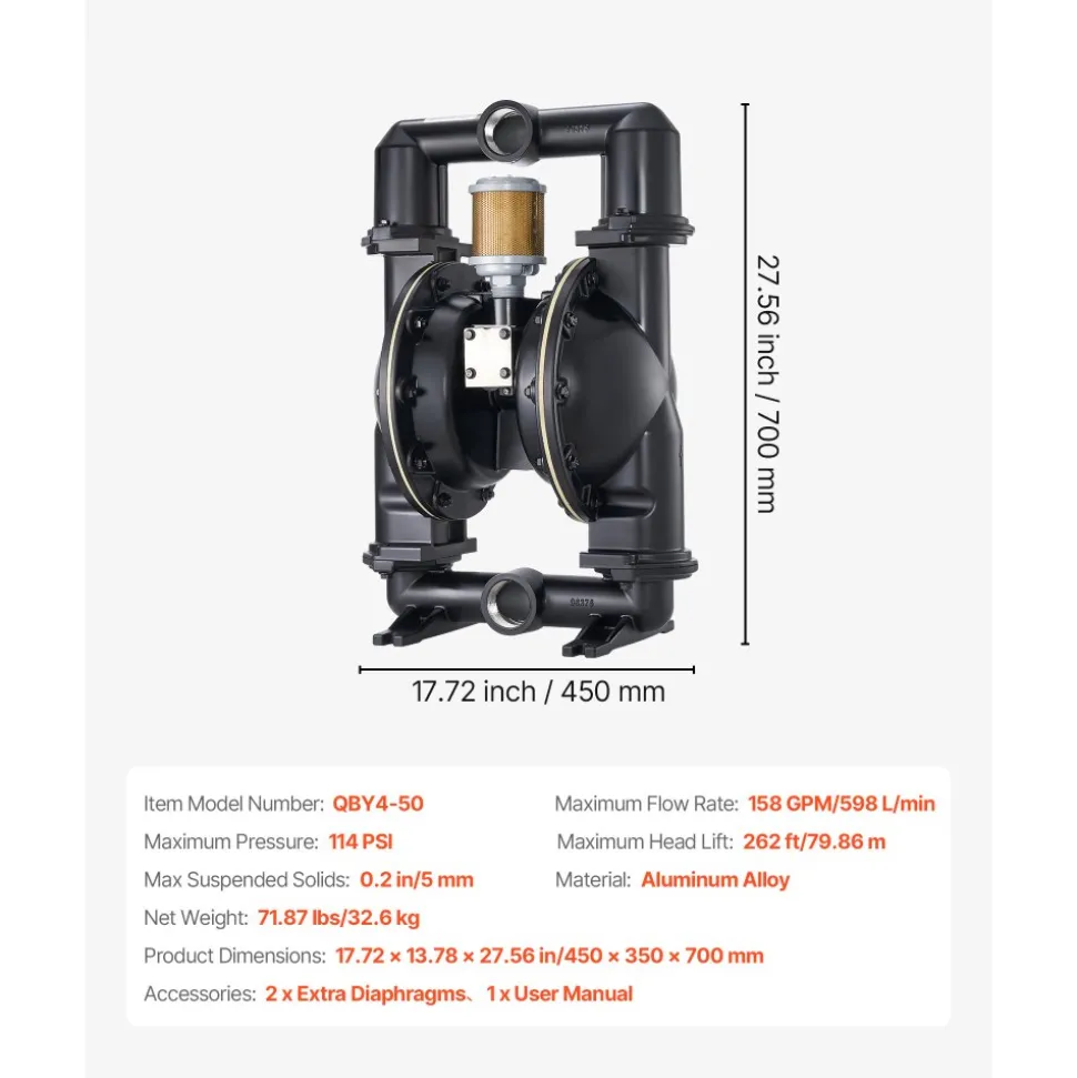 VEVOR Air Operated Double Diaphragm Pump, 158 GPM, 2 inch Inlet & Outlet Pneumatic Waste Oil Transfer Pump, Max 114 PSI, Aluminum Alloy Body, Air-Operated for Diesel, Grease, Kerosene, Gasoline & Oil