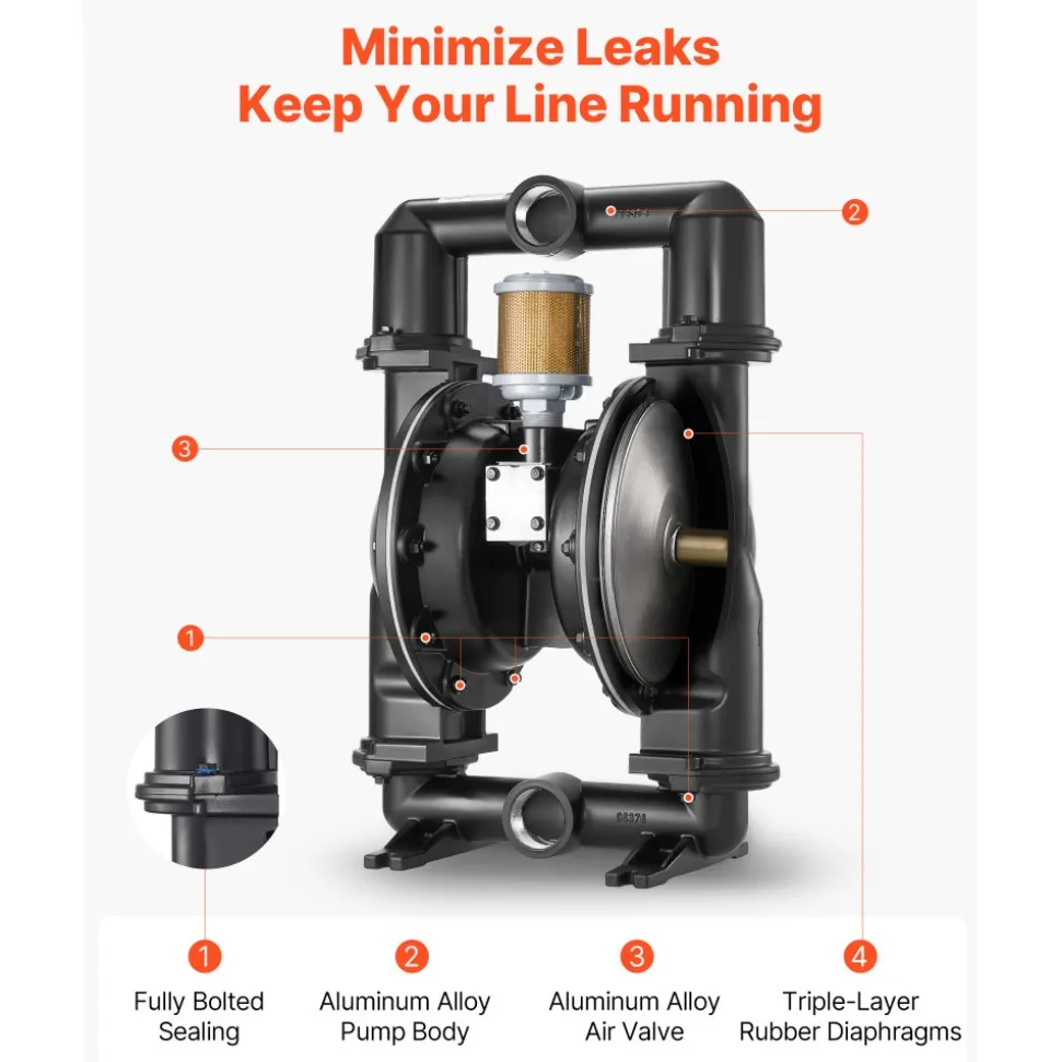 VEVOR Air Operated Double Diaphragm Pump, 158 GPM, 2 inch Inlet & Outlet Pneumatic Waste Oil Transfer Pump, Max 114 PSI, Aluminum Alloy Body, Air-Operated for Diesel, Grease, Kerosene, Gasoline & Oil