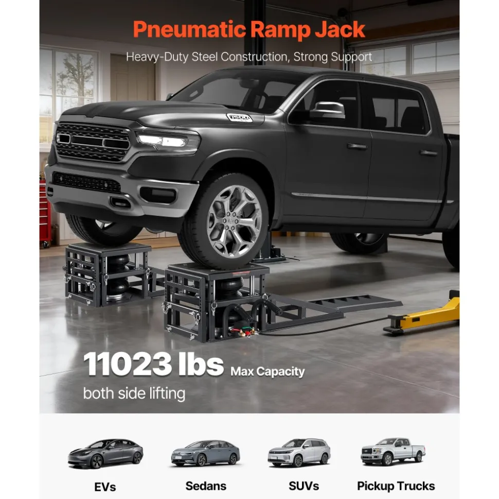 VEVOR Air Portable Car Lifts 2PCS, 11023 lbs/5 Ton Capacity, 12.6 inch Max Height, Pneumatic Ramp Jacks with Airbags, Wheel Chocks, Extension Ramps, Heightened Columns, Heavy-Duty for Sedan SUV Pickup