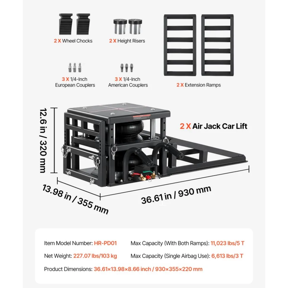 VEVOR Air Portable Car Lifts 2PCS, 11023 lbs/5 Ton Capacity, 12.6 inch Max Height, Pneumatic Ramp Jacks with Airbags, Wheel Chocks, Extension Ramps, Heightened Columns, Heavy-Duty for Sedan SUV Pickup