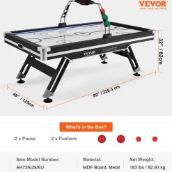 VEVOR Air-Powered Hockey Table, 89" Indoor Hockey Table for Kids and Adults, LED Sports Hockey Game with 2 Pucks, 2 Pushers, and Electronic Score System, Arcade Gaming Set for Game Room Family Home