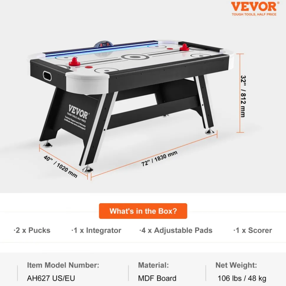 VEVOR Air-Powered Hockey Table, 72" Indoor Hockey Table for Kids and Adults, LED Sports Hockey Game with 2 Pucks, 2 Pushers, and Electronic Score System, Arcade Gaming Set for Game Room Family Home