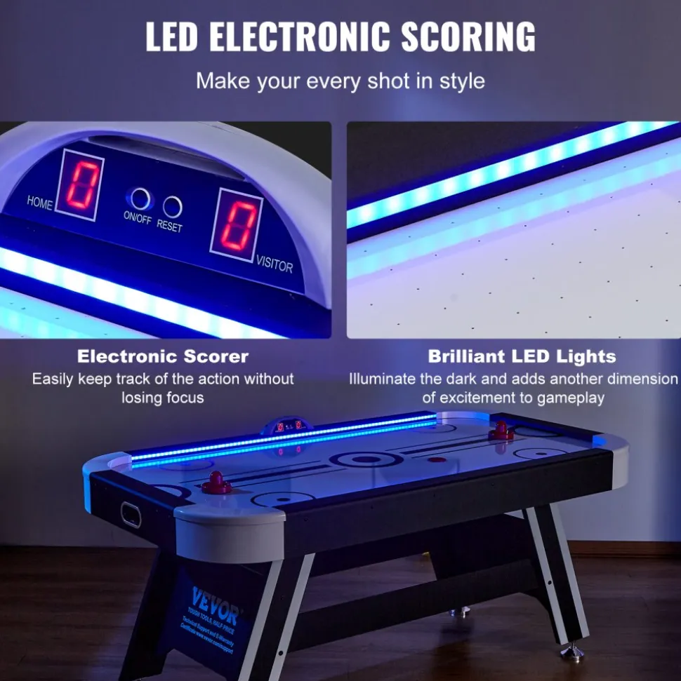VEVOR Air-Powered Hockey Table, 72" Indoor Hockey Table for Kids and Adults, LED Sports Hockey Game with 2 Pucks, 2 Pushers, and Electronic Score System, Arcade Gaming Set for Game Room Family Home