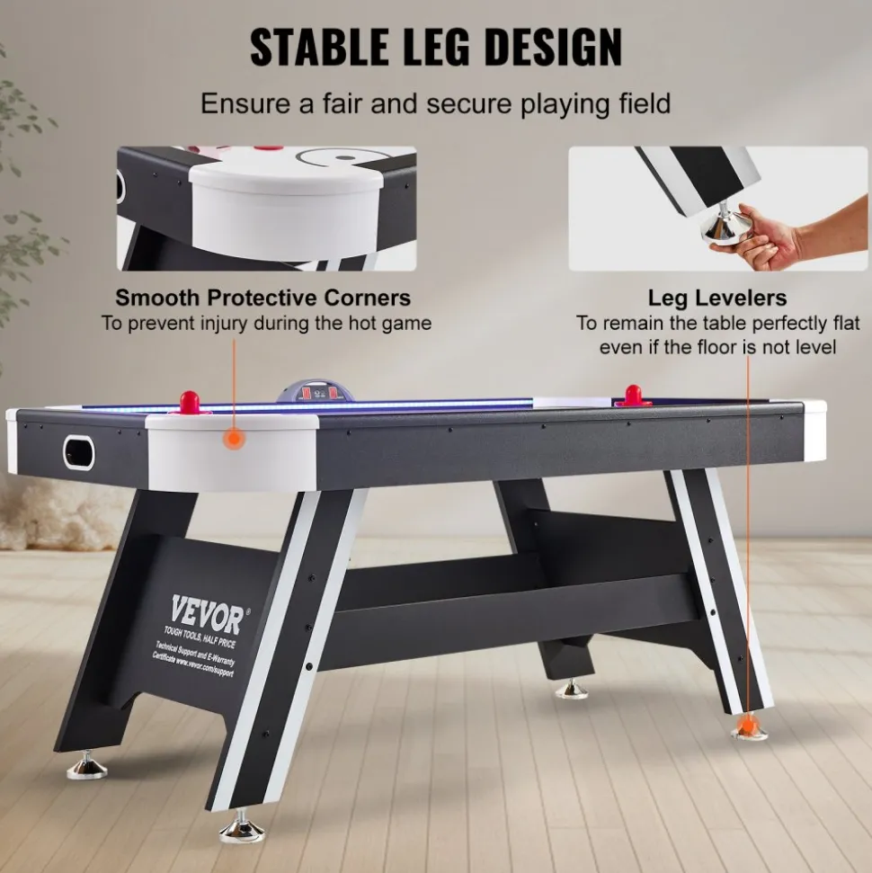 VEVOR Air-Powered Hockey Table, 72" Indoor Hockey Table for Kids and Adults, LED Sports Hockey Game with 2 Pucks, 2 Pushers, and Electronic Score System, Arcade Gaming Set for Game Room Family Home