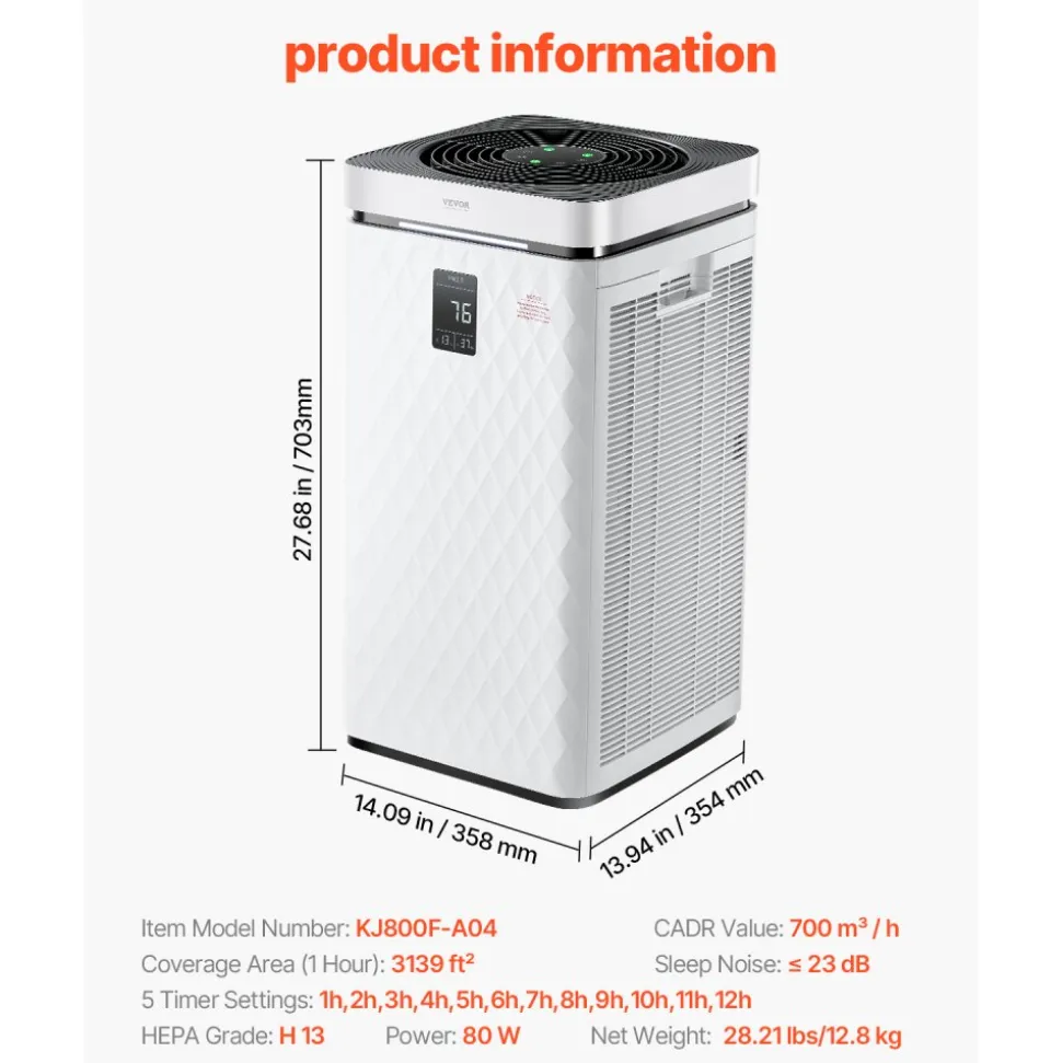 VEVOR Air Purifier, H13 HEPA Layer, 3139 ft²/h Smart Air Purifier with Speed Control & Child Lock Guard, Efficient Air Cleaner with Convenient Touch Panel & 23 dB Sleep Mode, Fit for Home & Office