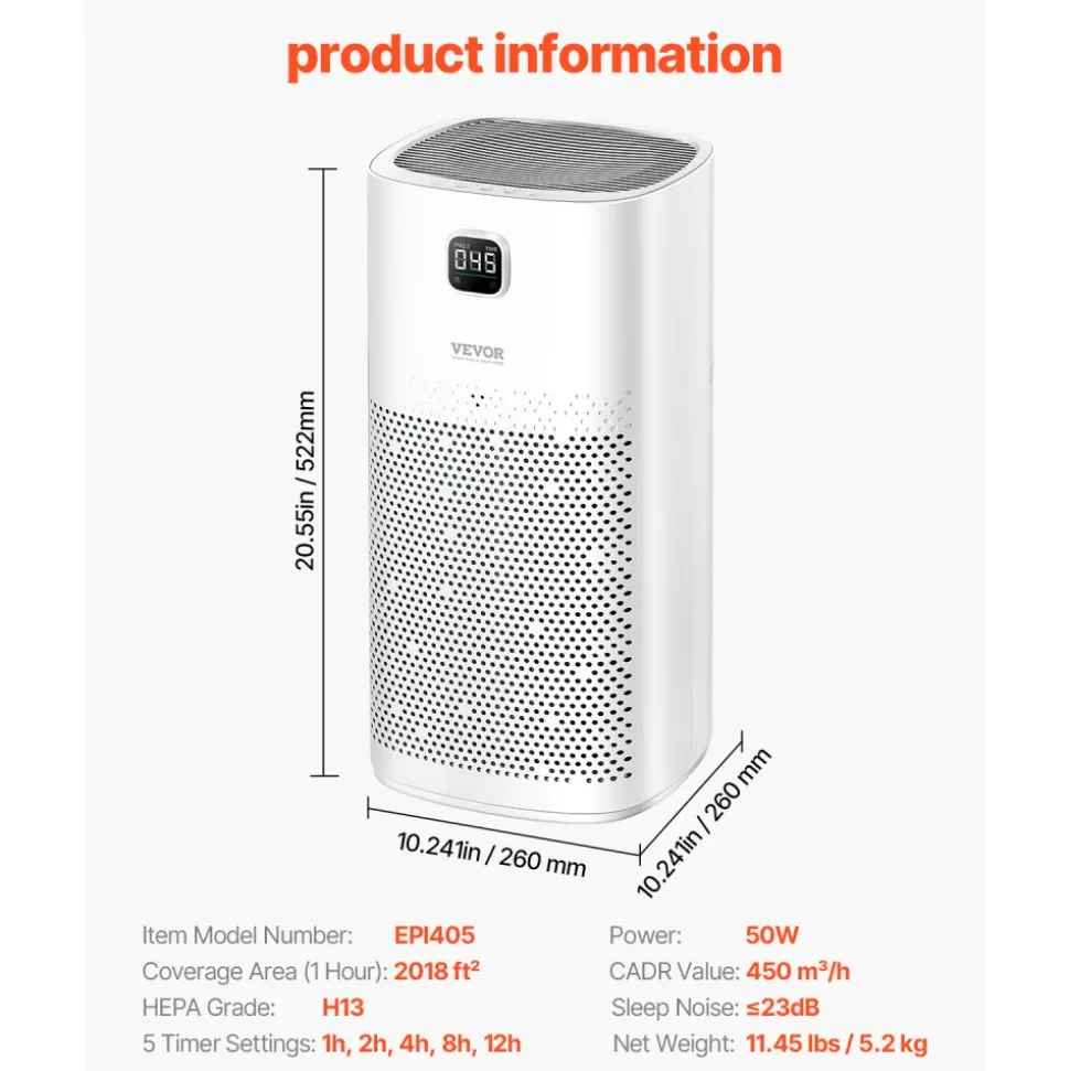 VEVOR Air Purifier, H13 HEPA Layer, 2018 ft²/h Smart Air Purifier with Speed Control & Child Lock Guard, Efficient Air Cleaner with Convenient Touch Panel & 23 dB Sleep Mode, Fit for Home & Office