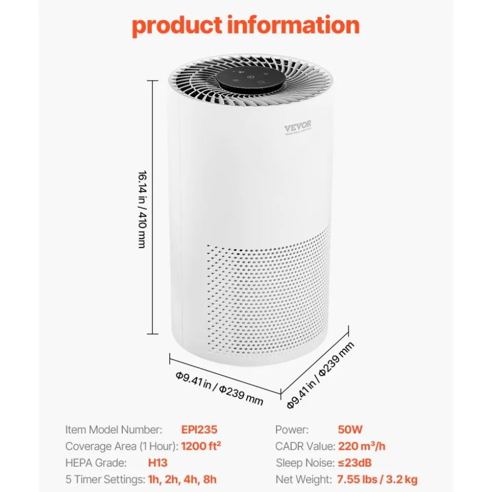 VEVOR Air Purifier, H13 HEPA Layer, 1200 ft²/h Smart Air Purifier with Speed Control & Child Lock Guard, Efficient Air Cleaner with Convenient Touch Panel & 23 dB Sleep Mode, Fit for Home & Office