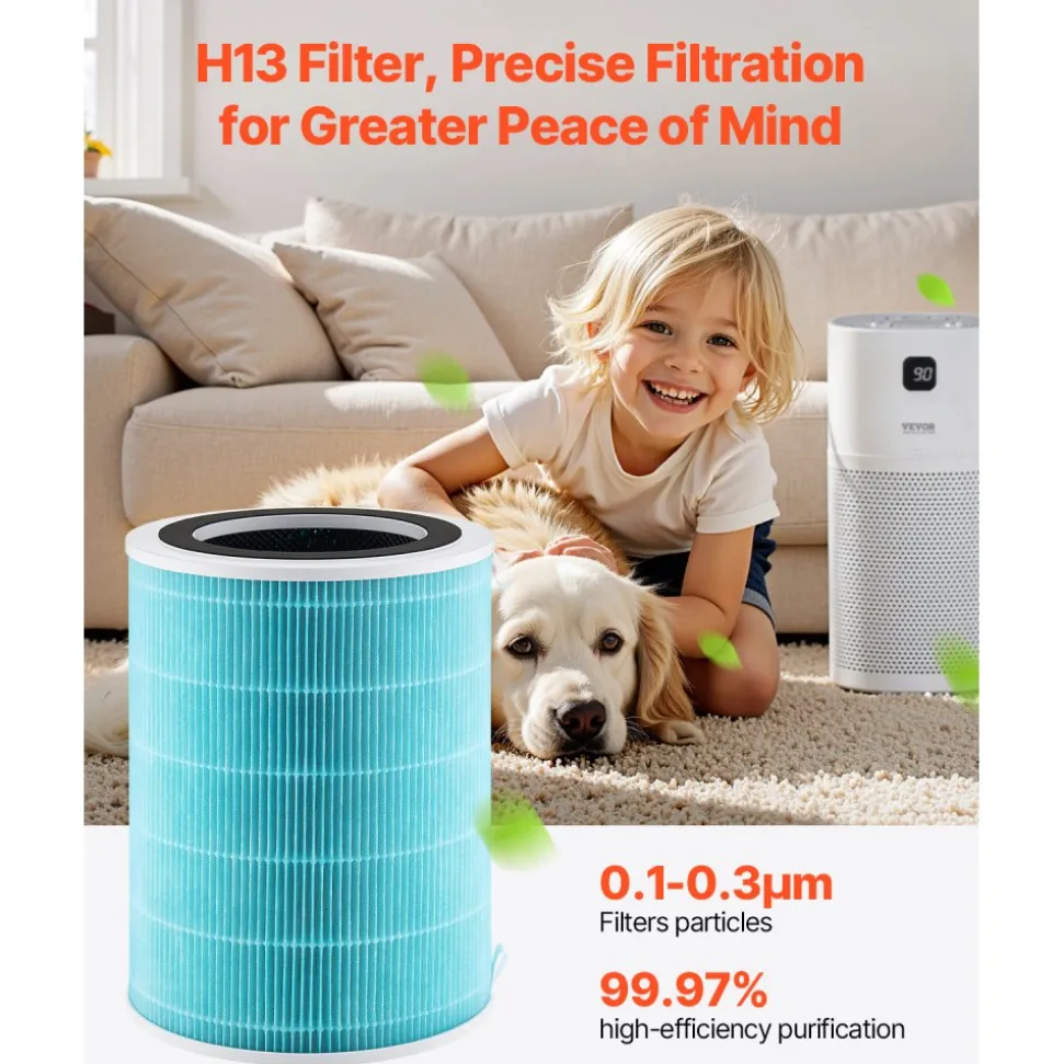VEVOR Air Purifier Replacement Filter, H13, 3-in-1 Compact & Lightweight Replacement Filter with Sturdy PP Pre-Filter, Easy-to-Grab Purifier Filter with Activated Carbon, Fit for Cylindrical Purifier