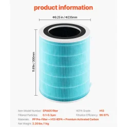 VEVOR Air Purifier Replacement Filter, H13, 3-in-1 Compact & Lightweight Replacement Filter with Sturdy PP Pre-Filter, Easy-to-Grab Purifier Filter with Activated Carbon, Fit for Cylindrical Purifier