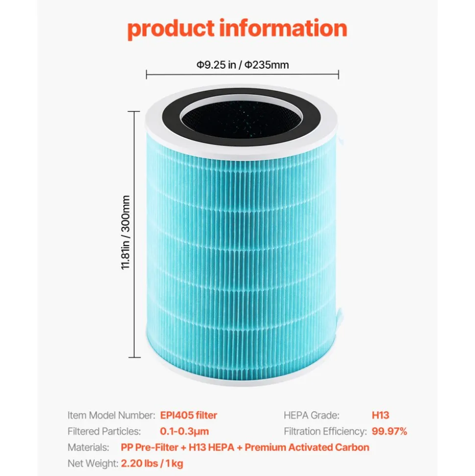 VEVOR Air Purifier Replacement Filter, H13, 3-in-1 Compact & Lightweight Replacement Filter with Sturdy PP Pre-Filter, Easy-to-Grab Purifier Filter with Activated Carbon, Fit for Cylindrical Purifier