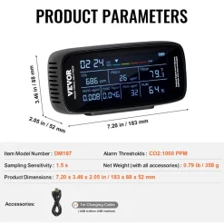 VEVOR Air Quality Monitor 9-IN-1, CO2, Temperature, Humidity, Formaldehyde TVOC AQI Tester, Professional PM2.5 PM10 PM1.0 Particle Counter for Indoor/Outdoor, Air Quality Meter  w/Alarm Thresholds