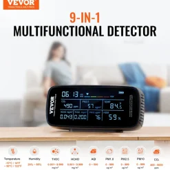 VEVOR Air Quality Monitor 9-IN-1, CO2, Temperature, Humidity, Formaldehyde TVOC AQI Tester, Professional PM2.5 PM10 PM1.0 Particle Counter for Indoor/Outdoor, Air Quality Meter  w/Alarm Thresholds