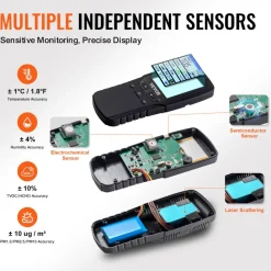 VEVOR Air Quality Monitor 8-IN-1, Professional PM2.5 PM10 PM1.0 Particle Counter, Formaldehyde, Temperature, Humidity, TVOC AQI Tester for Indoor/Outdoor, Air Quality Meter w/Alarm Thresholds
