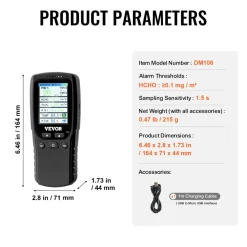 VEVOR Air Quality Monitor 8-IN-1, Professional PM2.5 PM10 PM1.0 Particle Counter, Formaldehyde, Temperature, Humidity, TVOC AQI Tester for Indoor/Outdoor, Air Quality Meter w/Alarm Thresholds