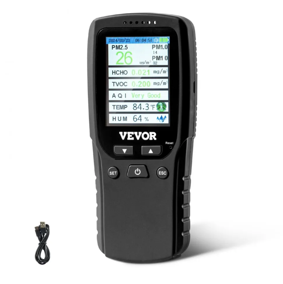 VEVOR Air Quality Monitor 8-IN-1, Professional PM2.5 PM10 PM1.0 Particle Counter, Formaldehyde, Temperature, Humidity, TVOC AQI Tester for Indoor/Outdoor, Air Quality Meter w/Alarm Thresholds