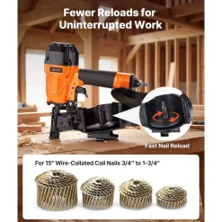 VEVOR Air Roofing Nailer CN45C, 3/4" to 1-3/4" 15 Degree Roofing Nail Gun with Two Firing Modes & Tool-Free Depth Adjustment, 70-110 PSI Pneumatic Coil Nailer for Asphalt Shingles, Roof Sheathing