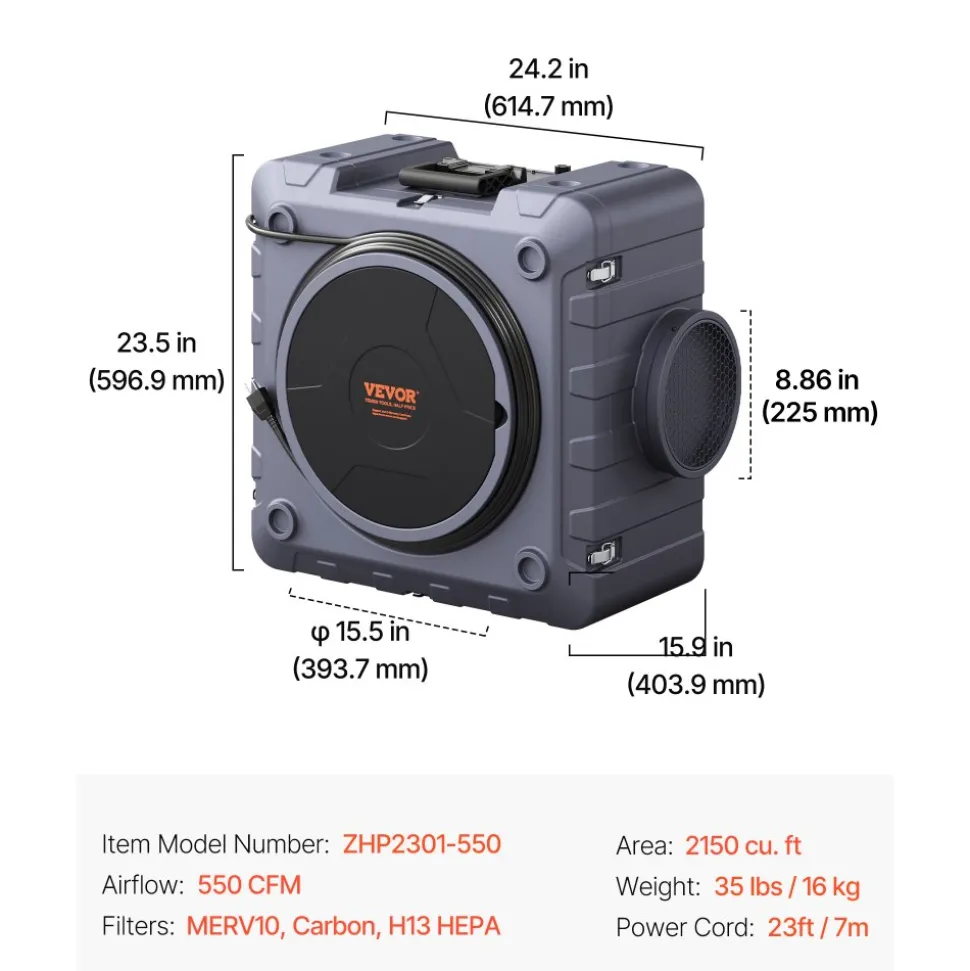 VEVOR Air Scrubber with 3-Stage Filtration, Stackable Negative Air Machine 550 CFM, Air Cleaner with MERV10, Carbon, H13 HEPA, for Home, Industrial and Commercial Use