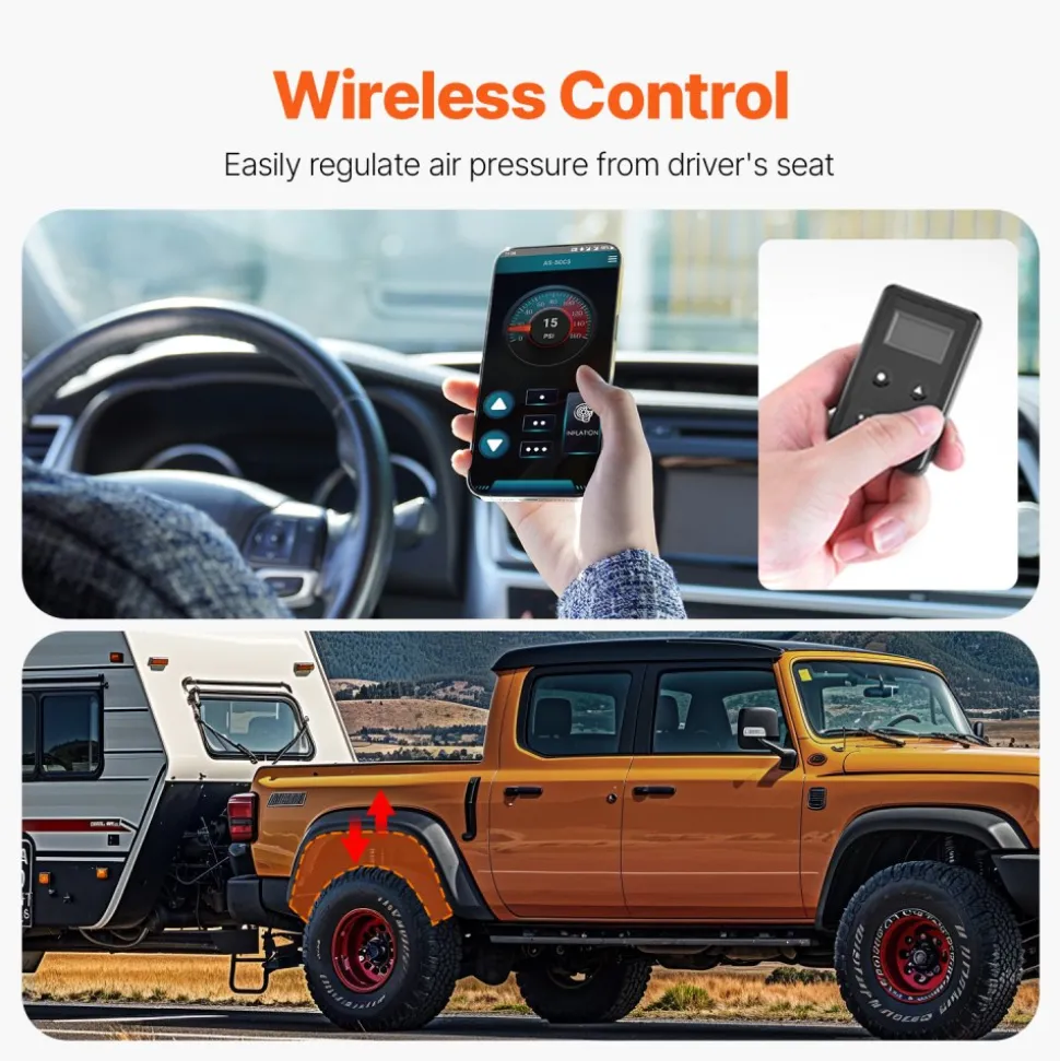 VEVOR Air Shock Controller Kit, 12V 100PSI Wireless On Board Air Compressor System, App or Remote Control Air Ride Suspension Compressor Kit with Single Path System, Inflator & Air Line for Truck Van