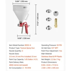 VEVOR Air Texture Spray Gun, 1.45 Gallon Air Hopper Spray Gun, Professional Drywall Texture Painting Sprayer with 3 Nozzles (3.5mm, 6mm, 8mm) for Popcorn, Knockdown, Orange Peel Textures