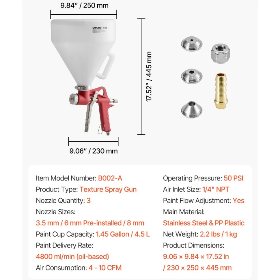 VEVOR Air Texture Spray Gun, 1.45 Gallon Air Hopper Spray Gun, Professional Drywall Texture Painting Sprayer with 3 Nozzles (3.5mm, 6mm, 8mm) for Popcorn, Knockdown, Orange Peel Textures
