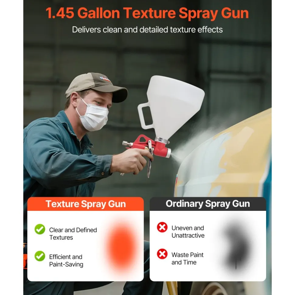 VEVOR Air Texture Spray Gun, 1.45 Gallon Air Hopper Spray Gun, Professional Drywall Texture Painting Sprayer with 3 Nozzles (3.5mm, 6mm, 8mm) for Popcorn, Knockdown, Orange Peel Textures