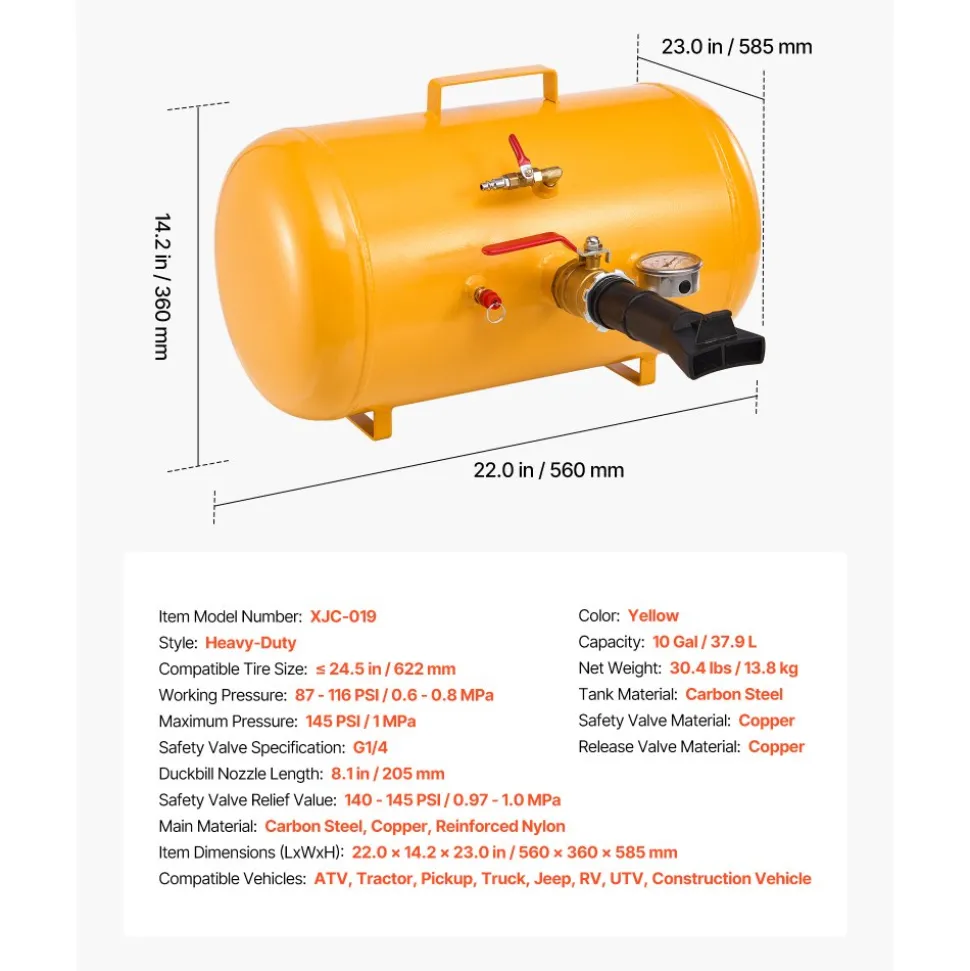 VEVOR Air Tire Bead Seater, 10 Gal / 37.9 L, Heavy Duty Tire Bead Blaster Tool, 87-116 PSI Operating Pressure, Air Trigger Seating Inflator for ATV, Tractor, Pickup, Truck, Jeep, RV, UTV, Yellow