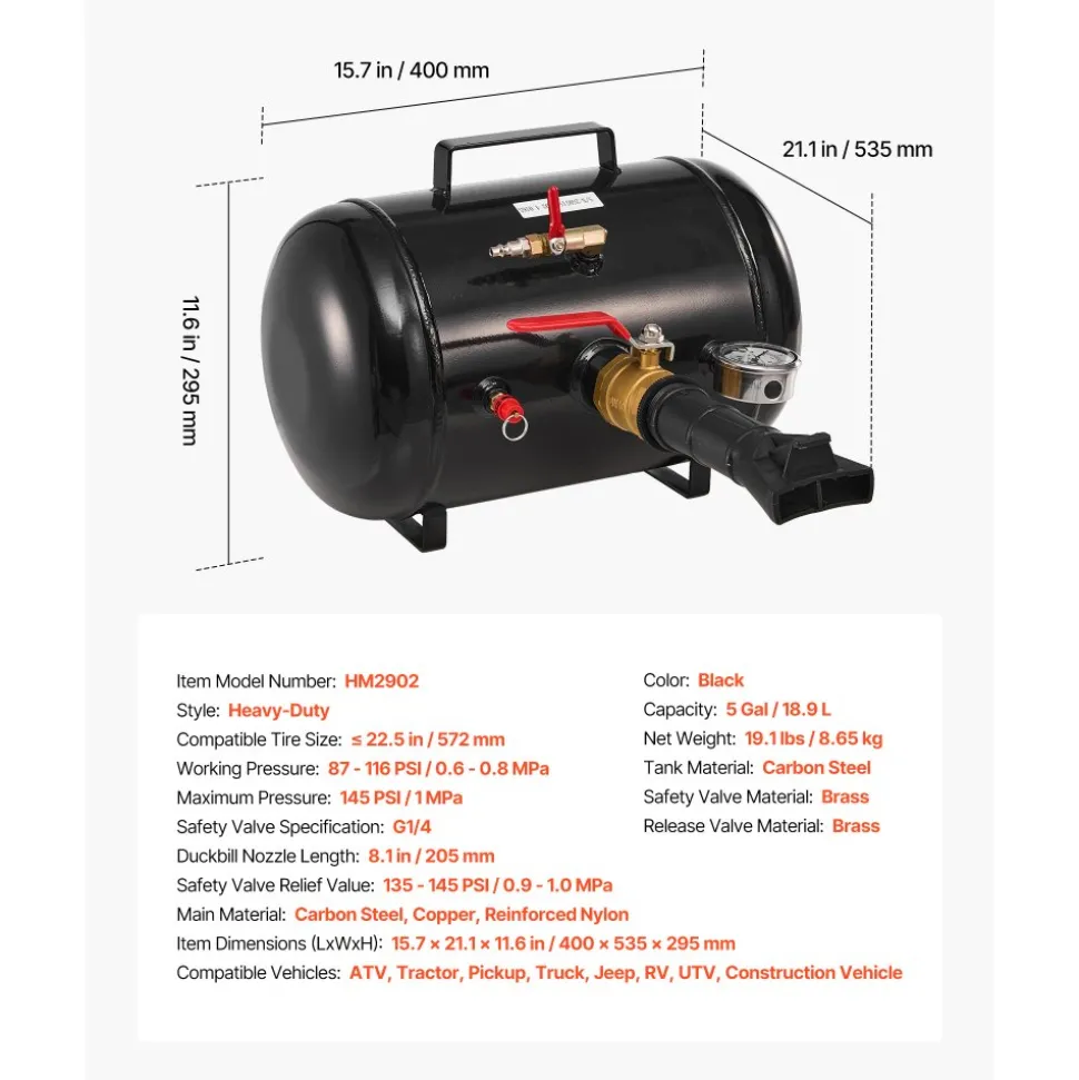 VEVOR Air Tire Bead Seater, 5 Gal / 18.9 L, Heavy Duty Tire Bead Blaster Tool, 87-116 PSI Operating Pressure, Air Trigger Seating Inflator for Pickup, Truck, ATV, Jeep, Van, Lawn Tractor, RV, Black