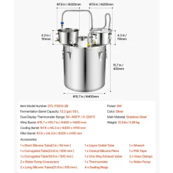 VEVOR Alcohol Still, 13.2 GAL/ 50L Alcohol Distiller with Thumper Keg, Dual-scale Thermometer, and Water Pump, Home Brewing Kit for DIY Whiskey Wine Brandy