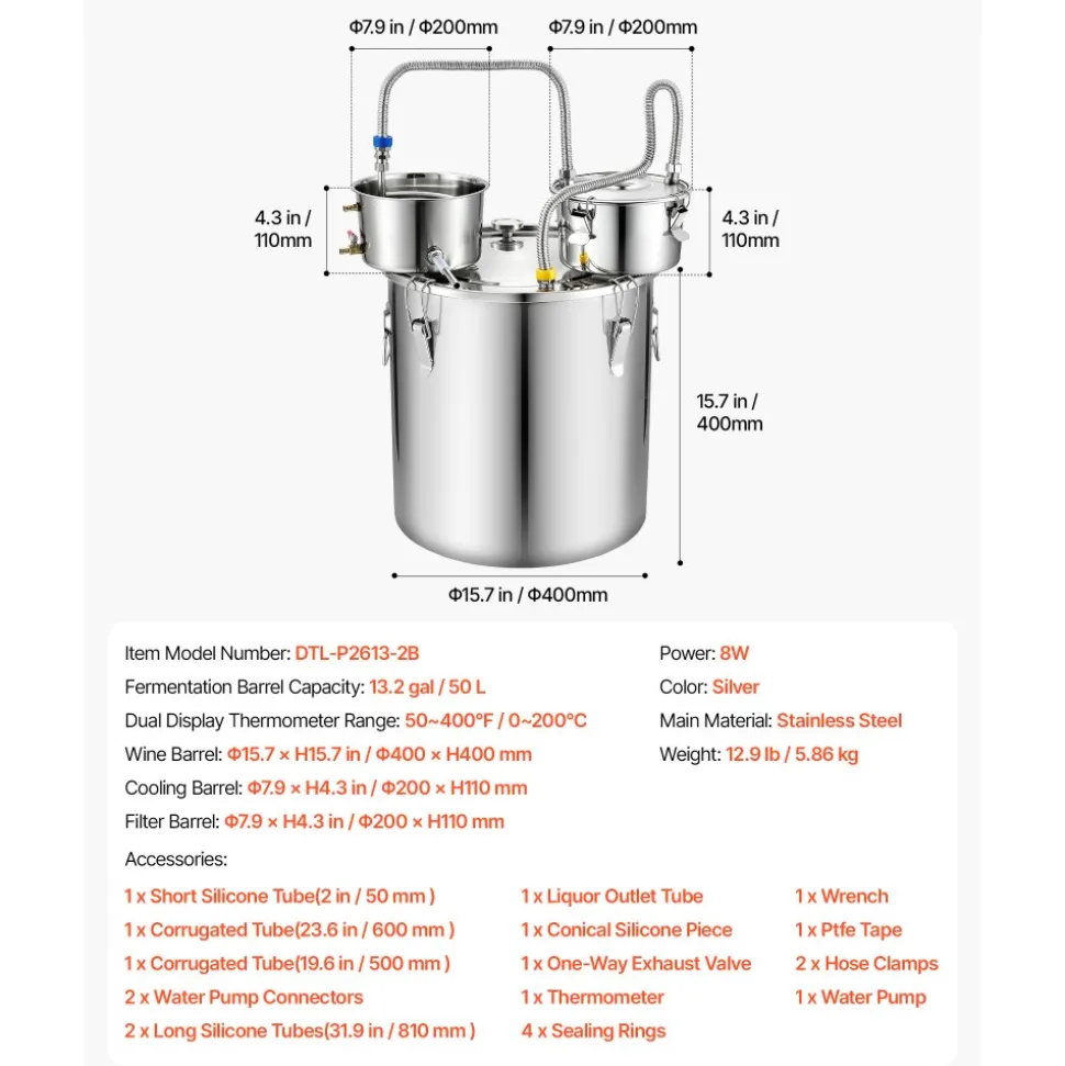 VEVOR Alcohol Still, 13.2 GAL/ 50L Alcohol Distiller with Thumper Keg, Dual-scale Thermometer, and Water Pump, Home Brewing Kit for DIY Whiskey Wine Brandy