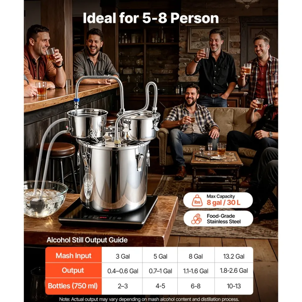 VEVOR Alcohol Still, 8 GAL/ 30L Alcohol Distiller with Thumper Keg, Dual-scale Thermometer, and Water Pump, Home Brewing Kit for DIY Whiskey Wine Brandy