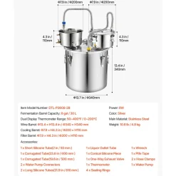 VEVOR Alcohol Still, 8 GAL/ 30L Alcohol Distiller with Thumper Keg, Dual-scale Thermometer, and Water Pump, Home Brewing Kit for DIY Whiskey Wine Brandy