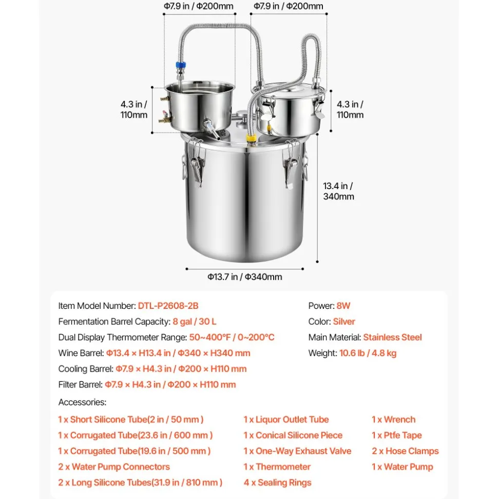 VEVOR Alcohol Still, 8 GAL/ 30L Alcohol Distiller with Thumper Keg, Dual-scale Thermometer, and Water Pump, Home Brewing Kit for DIY Whiskey Wine Brandy
