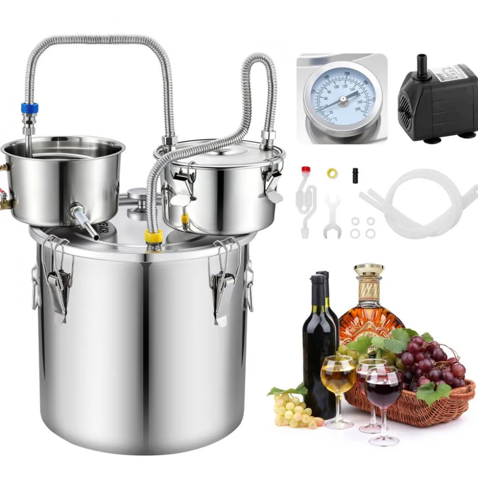 VEVOR Alcohol Still, 8 GAL/ 30L Alcohol Distiller with Thumper Keg, Dual-scale Thermometer, and Water Pump, Home Brewing Kit for DIY Whiskey Wine Brandy