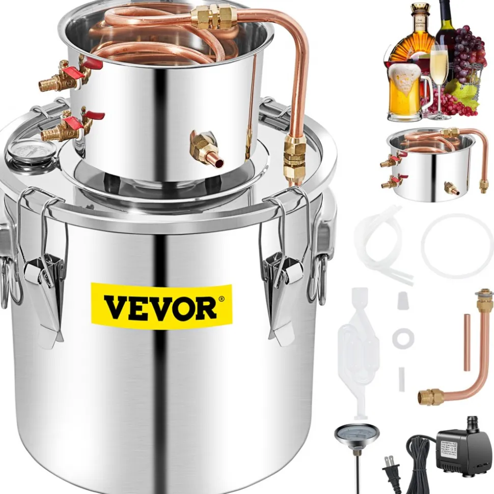 VEVOR Alcohol Still 13.2Gal/50L, Alcohol Distiller with Circulating Pump, Alcohol Still Copper Tube, Whiskey Distilling Kit with Build-In Thermometer, Whiskey Making Kit for DIY Alcohol, Stainless Ste