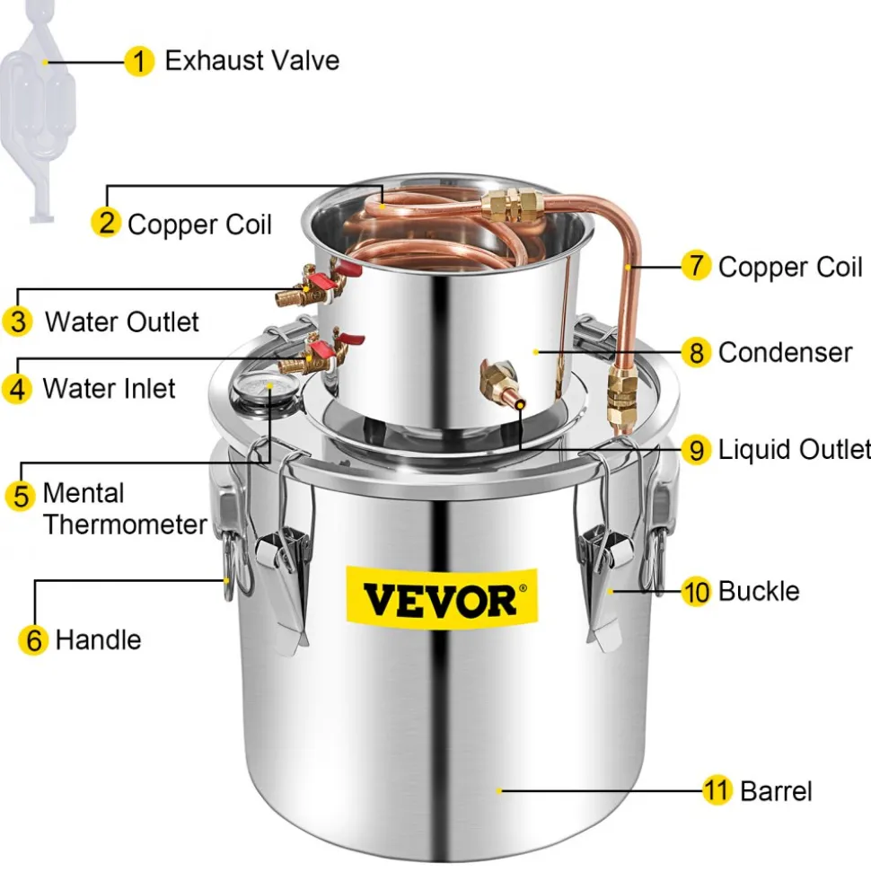 VEVOR Alcohol Still 13.2Gal/50L, Alcohol Distiller with Circulating Pump, Alcohol Still Copper Tube, Whiskey Distilling Kit with Build-In Thermometer, Whiskey Making Kit for DIY Alcohol, Stainless Ste