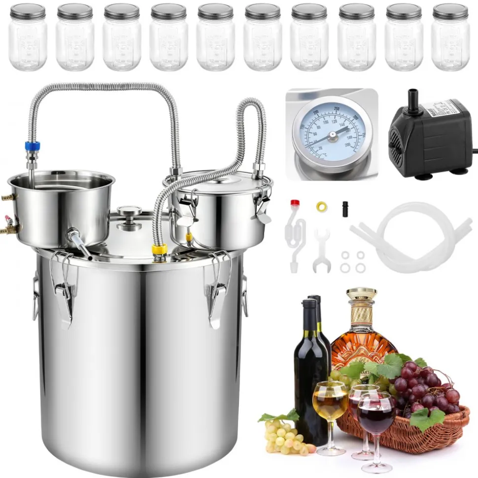 VEVOR Alcohol Still, 13.2 GAL/ 50L Alcohol Distiller with 10 x 16oz Glass Jars, Thumper Keg, Dual-scale Thermometer, and Water Pump, Home Brewing Kit for DIY Whiskey Wine Brandy