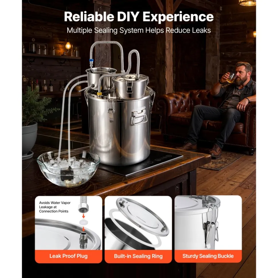 VEVOR Alcohol Still, 13.2 GAL/ 50L Alcohol Distiller with 10 x 16oz Glass Jars, Thumper Keg, Dual-scale Thermometer, and Water Pump, Home Brewing Kit for DIY Whiskey Wine Brandy