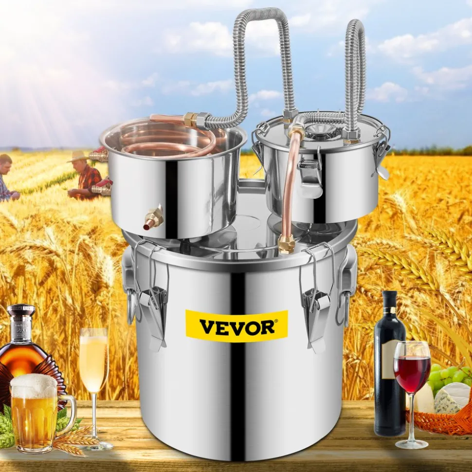 VEVOR Alcohol Still, 5 Gallon, Stainless Steel Alcohol Distiller with Copper Tube & Build-in Thermometer & Water Pump, Double Thumper Keg Home Brewing Kit, for DIY Whiskey Wine Brandy