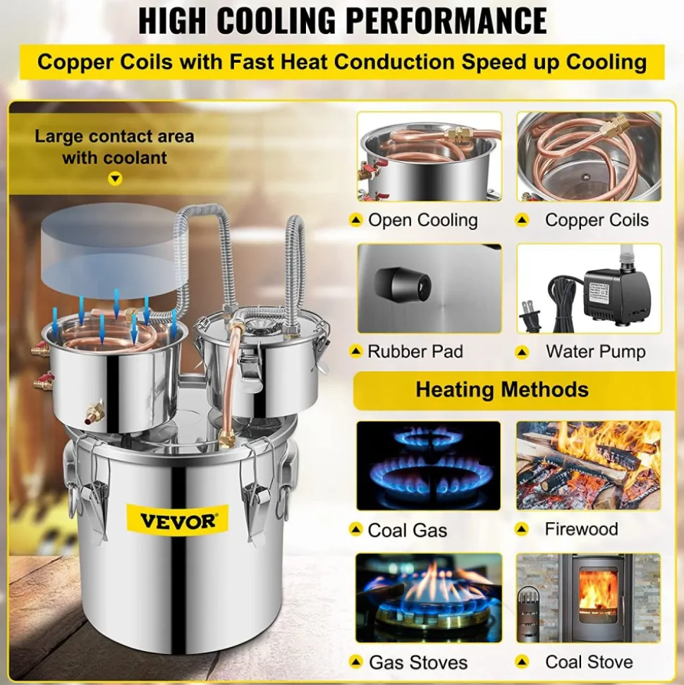 VEVOR Alcohol Still, 5 Gallon, Stainless Steel Alcohol Distiller with Copper Tube & Build-in Thermometer & Water Pump, Double Thumper Keg Home Brewing Kit, for DIY Whiskey Wine Brandy