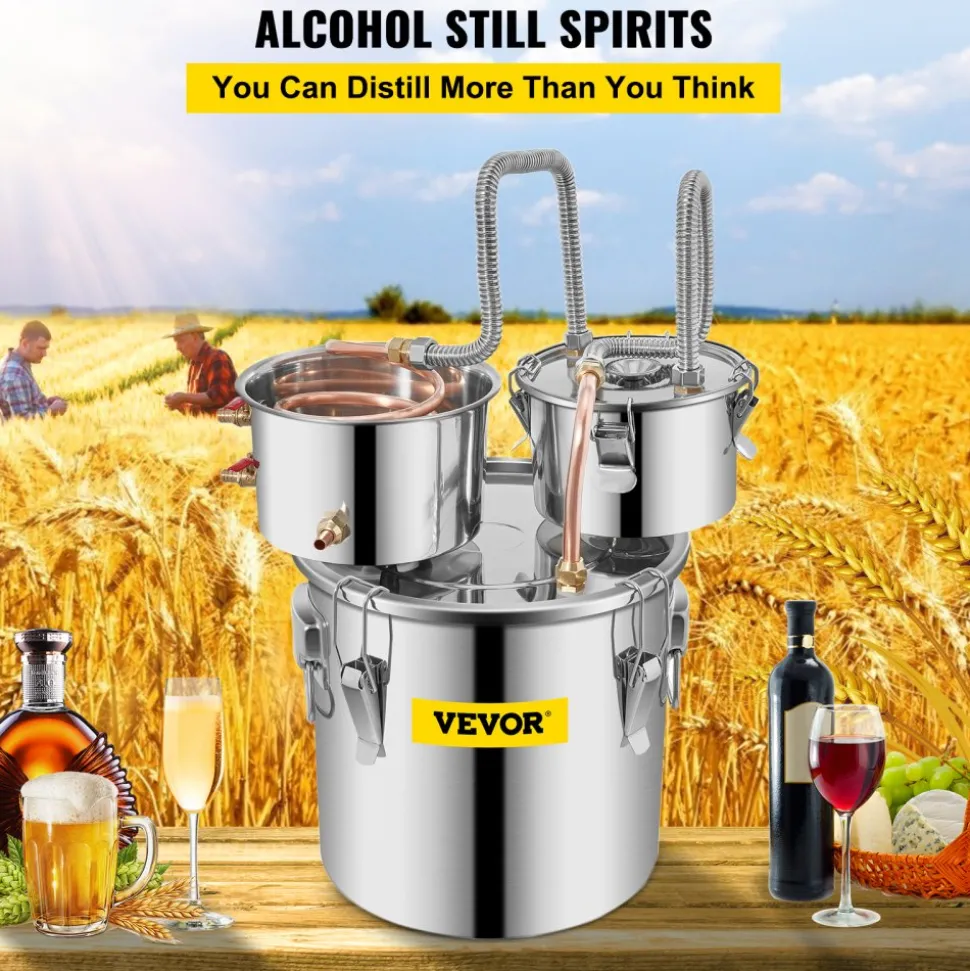 VEVOR Alcohol Still, 5 Gallon, Stainless Steel Alcohol Distiller with Copper Tube & Build-in Thermometer & Water Pump, Double Thumper Keg Home Brewing Kit, for DIY Whiskey Wine Brandy