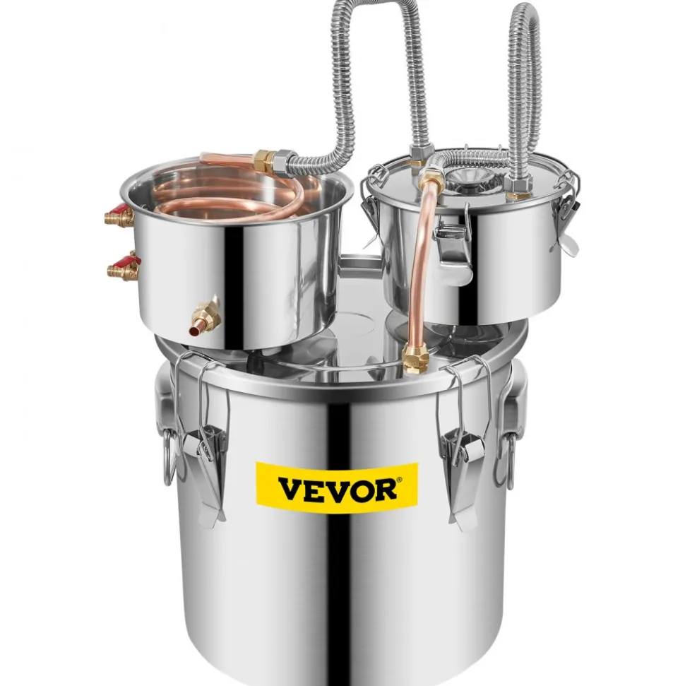 VEVOR Alcohol Still, 5 Gallon, Stainless Steel Alcohol Distiller with Copper Tube & Build-in Thermometer & Water Pump, Double Thumper Keg Home Brewing Kit, for DIY Whiskey Wine Brandy