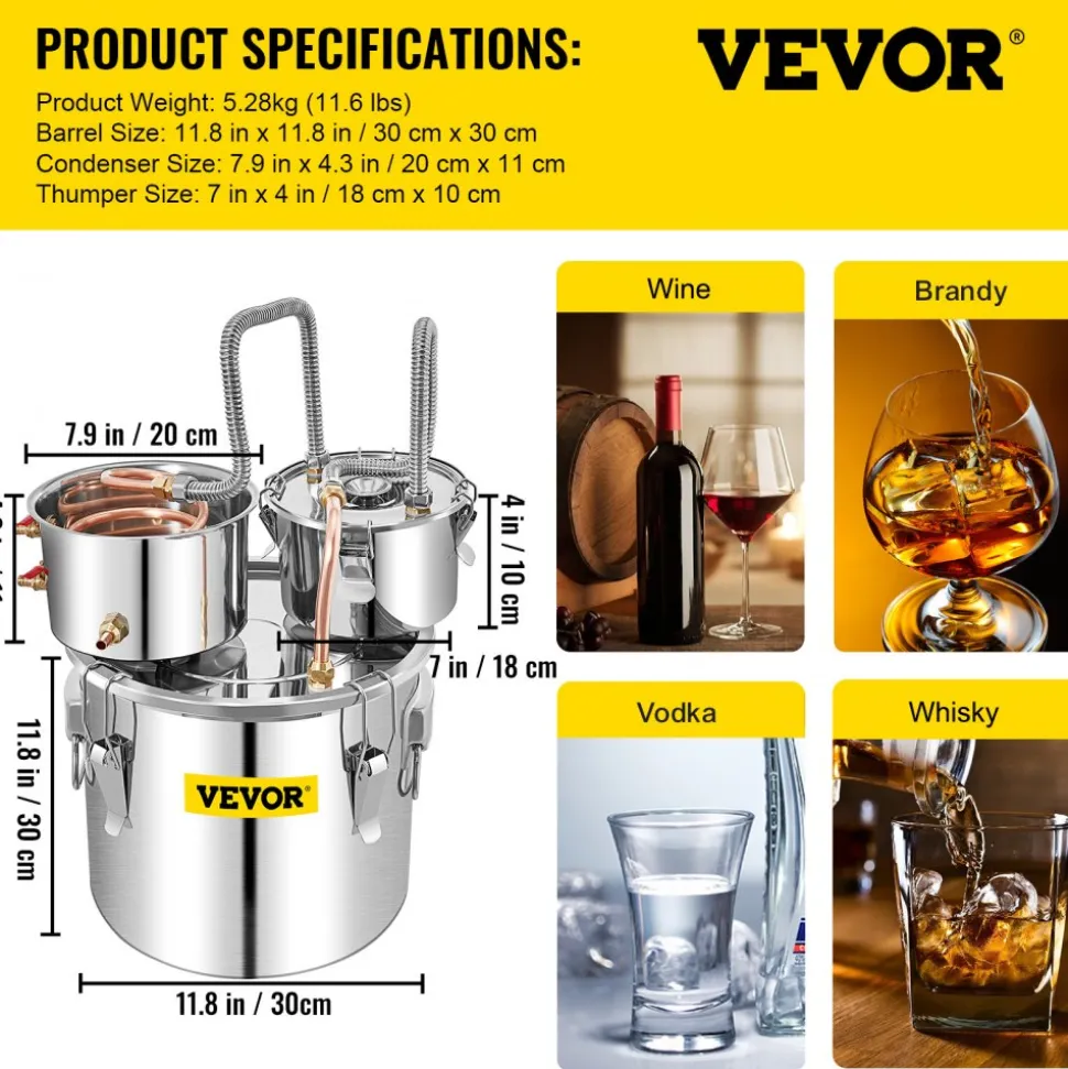 VEVOR Alcohol Still, 5 Gallon, Stainless Steel Alcohol Distiller with Copper Tube & Build-in Thermometer & Water Pump, Double Thumper Keg Home Brewing Kit, for DIY Whiskey Wine Brandy