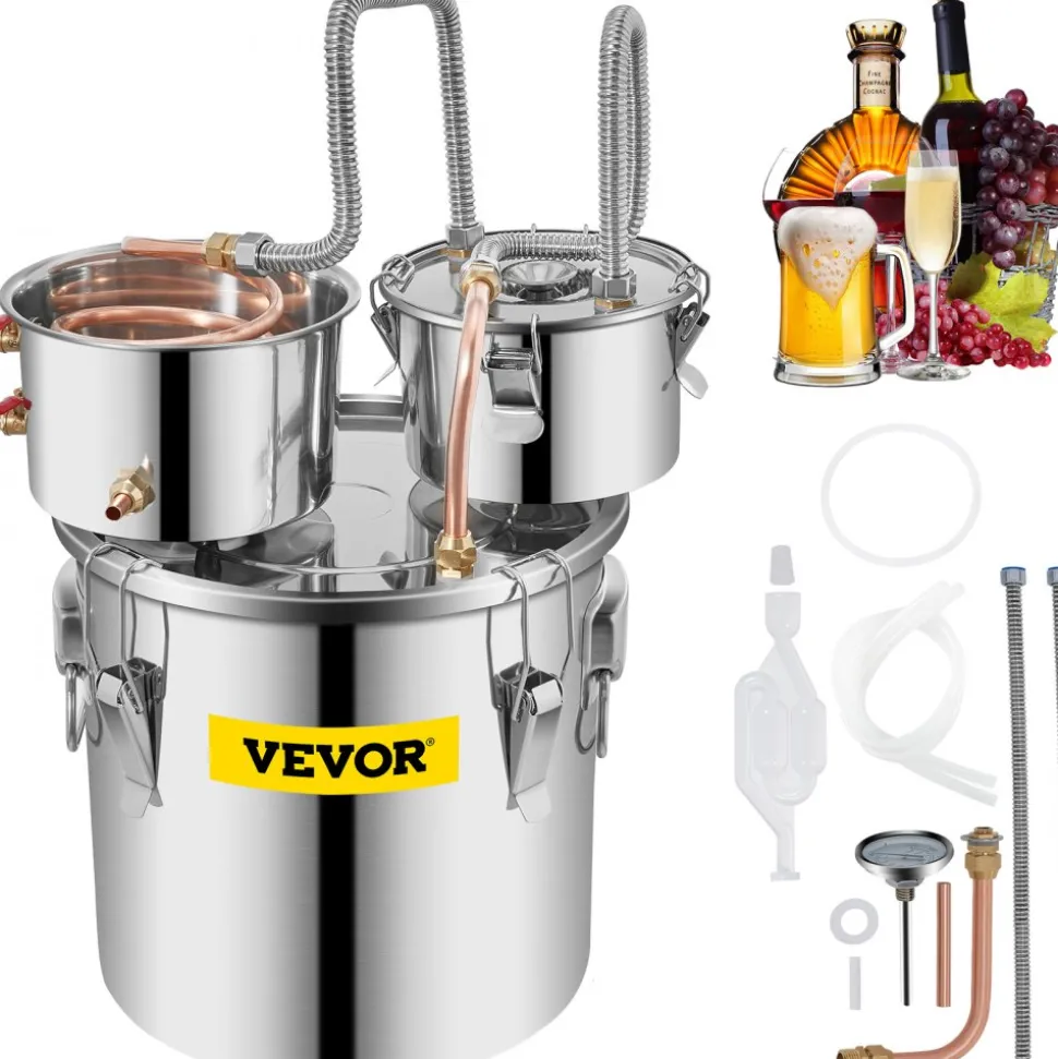 VEVOR Alcohol Still, 5 Gallon, Stainless Steel Alcohol Distiller with Copper Tube & Build-in Thermometer & Water Pump, Double Thumper Keg Home Brewing Kit, for DIY Whiskey Wine Brandy