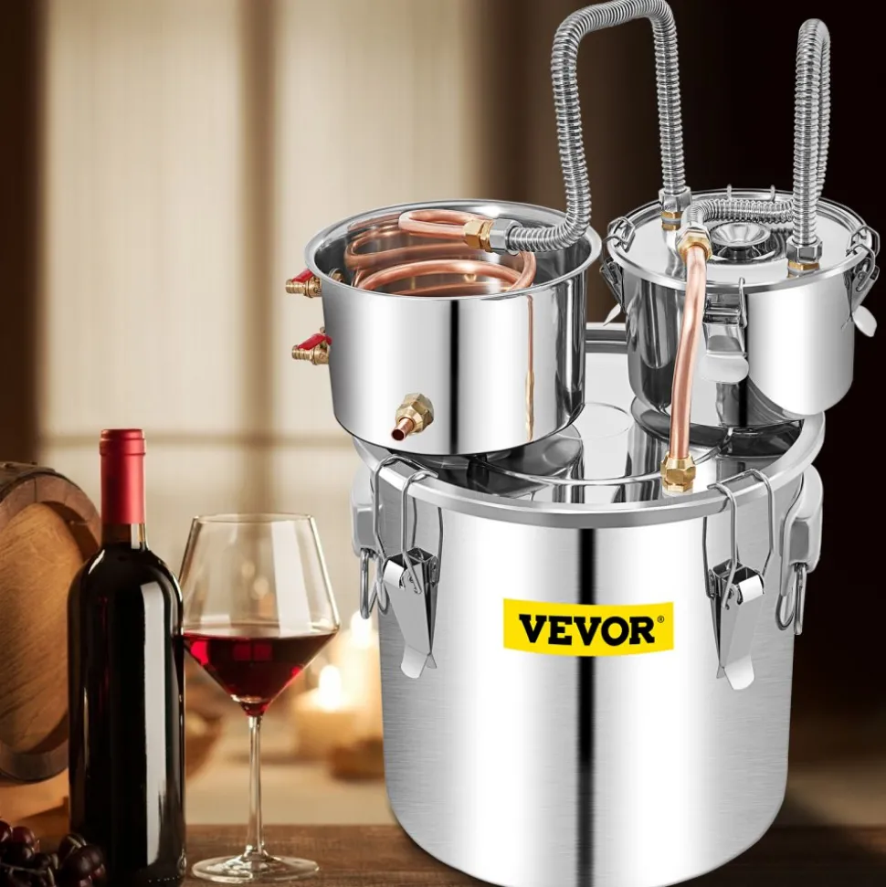 VEVOR Alcohol Still, 13.2Gal / 50L Stainless Steel Water Alcohol Distiller Copper Tube Home Brewing Kit Build-in Thermometer for DIY Whisky Wine Brandy, Silver