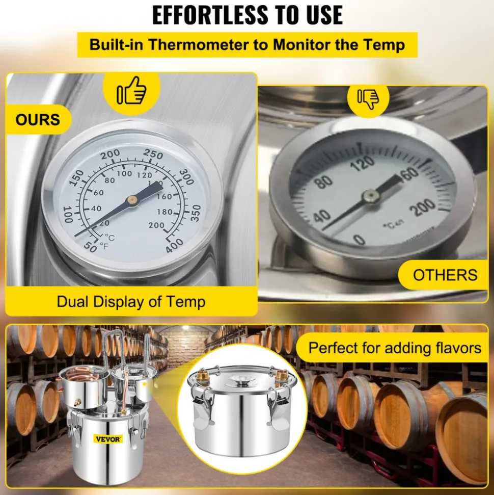 VEVOR Alcohol Still, 13.2Gal / 50L Stainless Steel Water Alcohol Distiller Copper Tube Home Brewing Kit Build-in Thermometer for DIY Whisky Wine Brandy, Silver