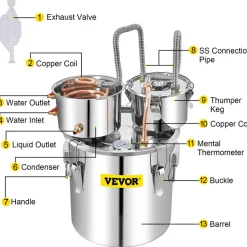 VEVOR Alcohol Still, 13.2Gal / 50L Stainless Steel Water Alcohol Distiller Copper Tube Home Brewing Kit Build-in Thermometer for DIY Whisky Wine Brandy, Silver