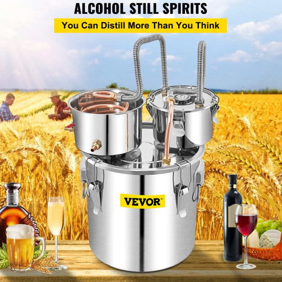 VEVOR Alcohol Still, 13.2Gal / 50L Stainless Steel Water Alcohol Distiller Copper Tube Home Brewing Kit Build-in Thermometer for DIY Whisky Wine Brandy, Silver