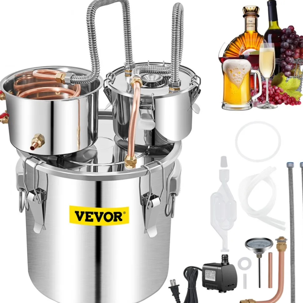 VEVOR Alcohol Still, 13.2Gal / 50L Stainless Steel Water Alcohol Distiller Copper Tube Home Brewing Kit Build-in Thermometer for DIY Whisky Wine Brandy, Silver